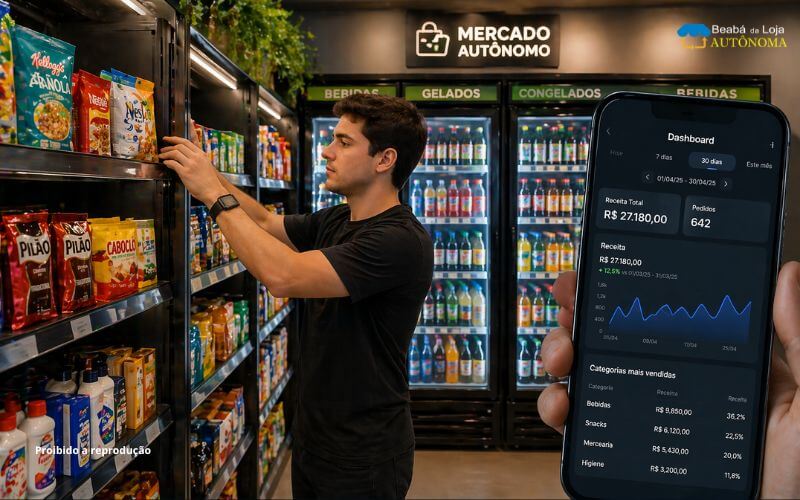 Empreendedor fazendo a reposição dos produtos nas gôndolas do minimercado autônomo