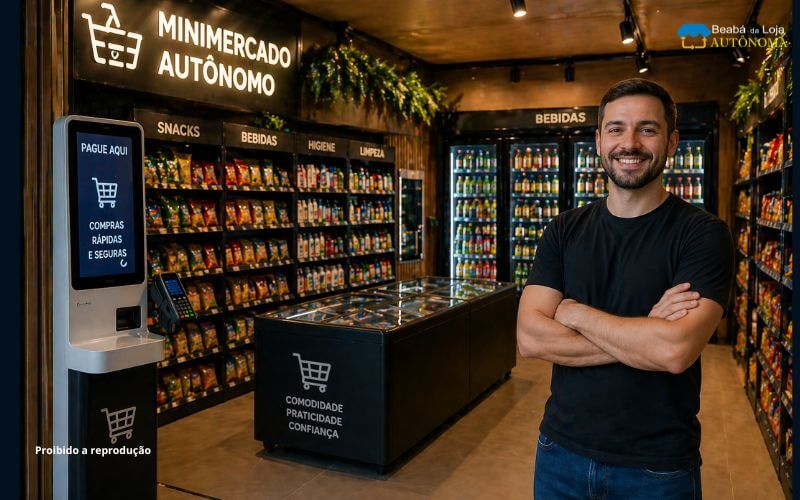 Empreendedor satisfeito ao lado do seu minimercado autônomo