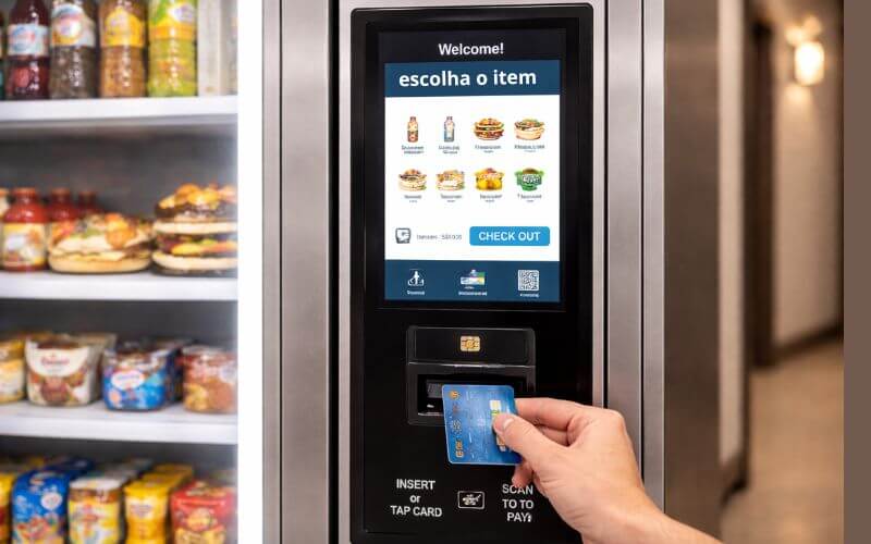 Painel de pagamento de geladeira autônoma com cartão e pix