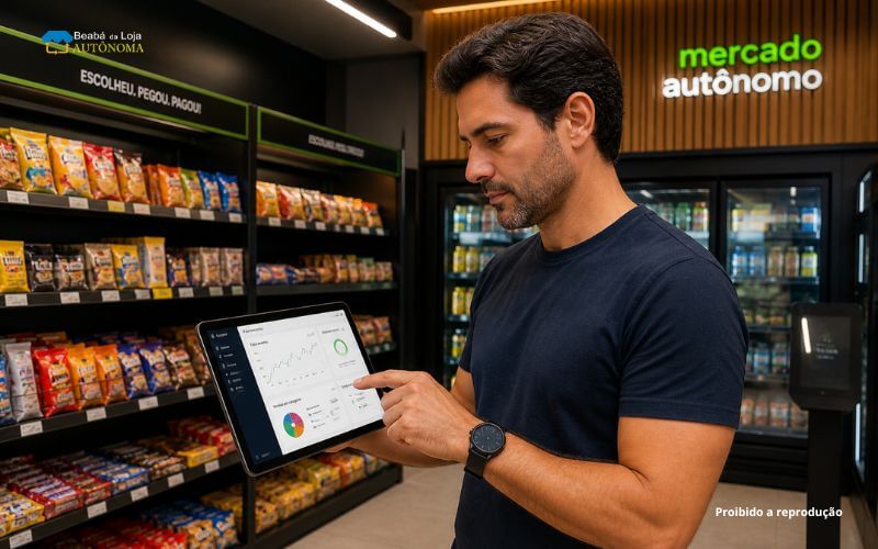 Empreendedor analisando dados de Franquia de Minimercado Autonomo