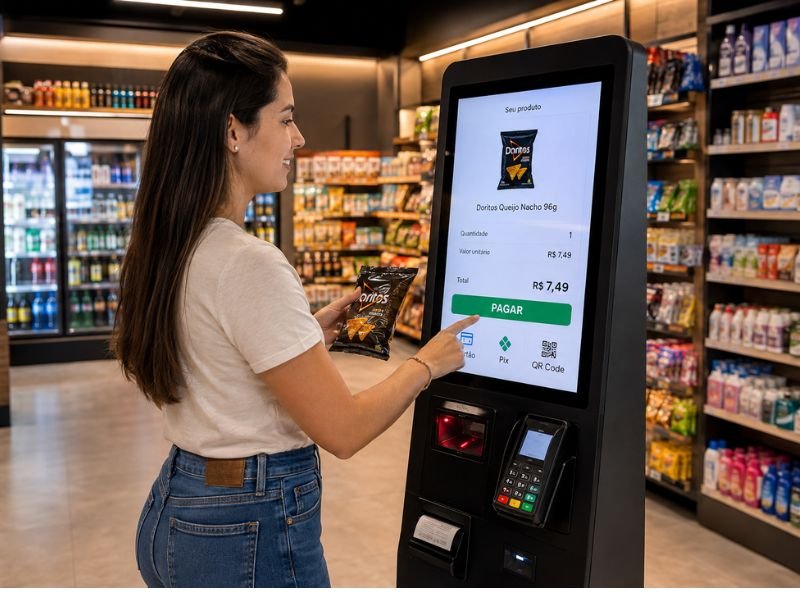 Cliente pagando no totem de autoatendimento